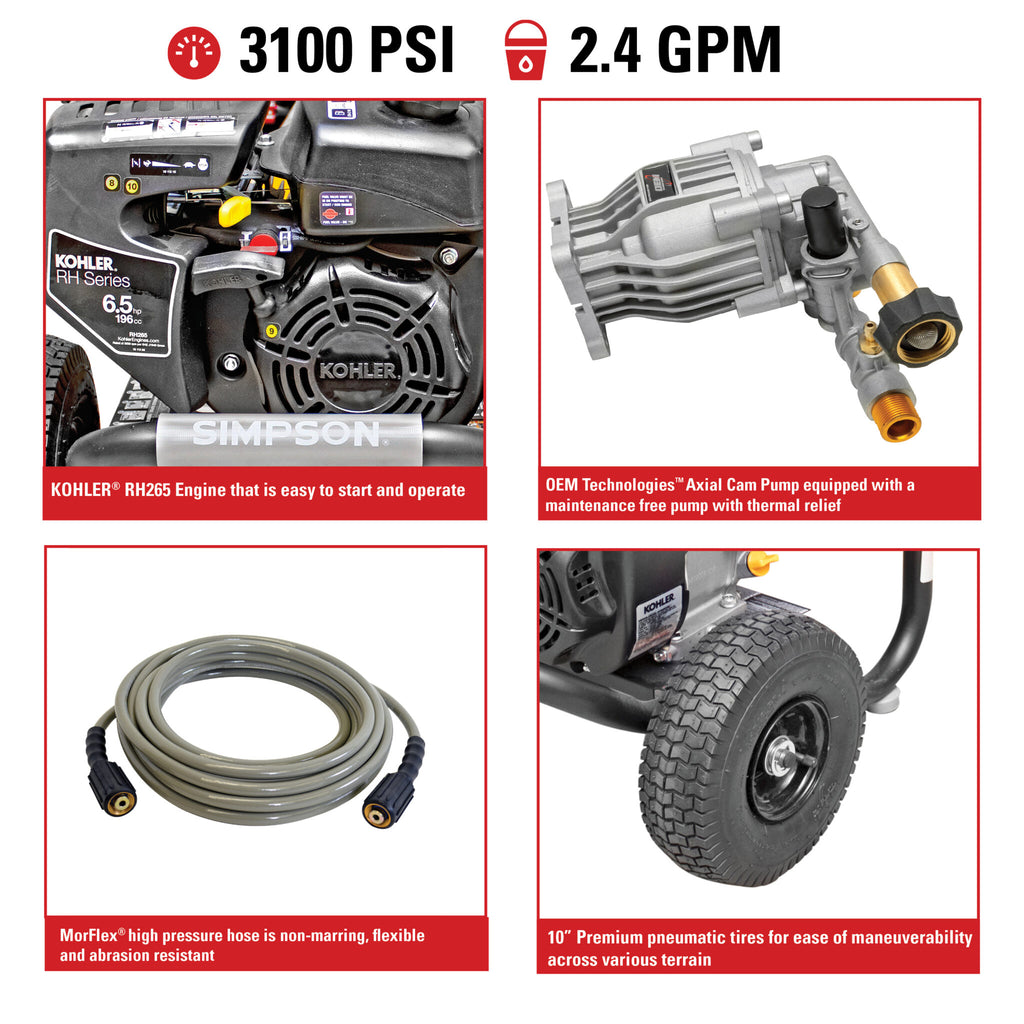 Simpson 3100psi 2.4gpm Kohler Gas Pressure Washer 60763