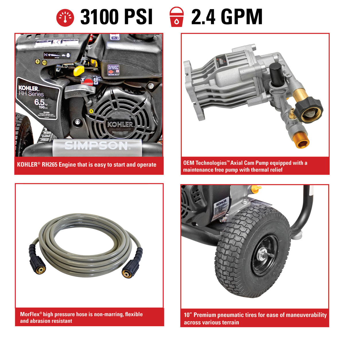 Simpson 3100psi 2.4gpm Kohler Gas Pressure Washer 60763