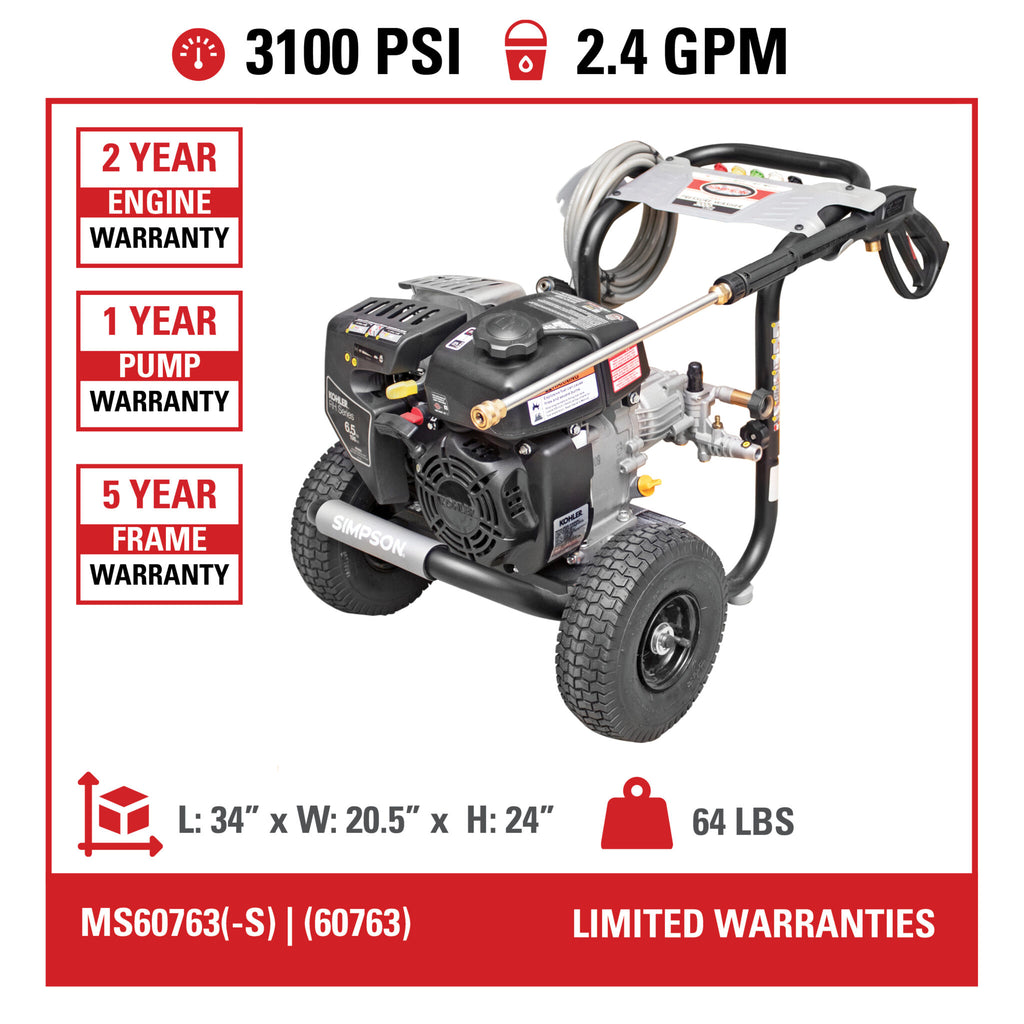 Simpson 3100psi 2.4gpm Kohler Gas Pressure Washer 60763