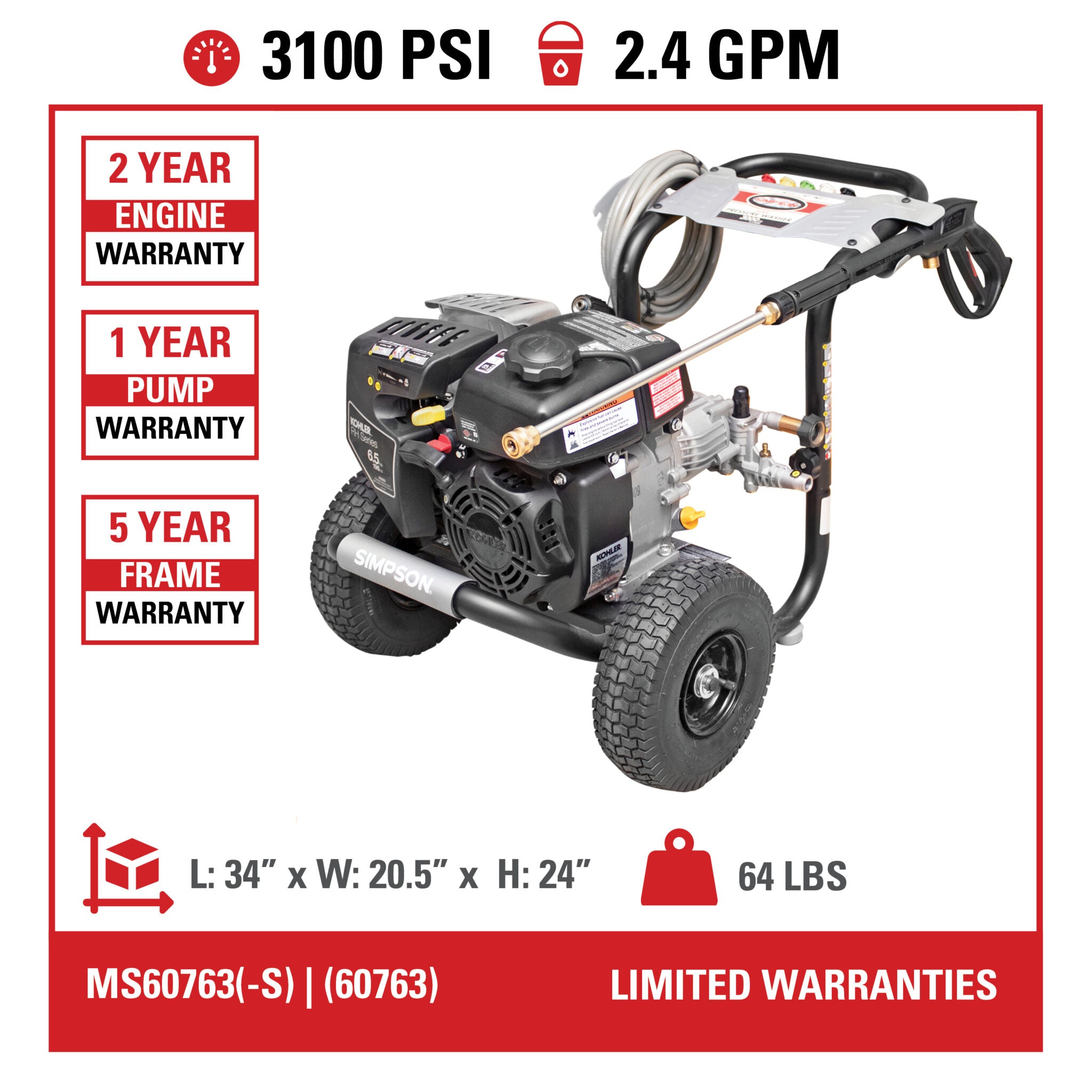 Simpson 3100psi 2.4gpm Kohler Gas Pressure Washer 60763